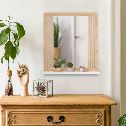 Bamboo bathroom mirror with shelf