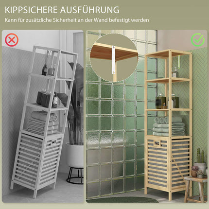 Bamboo bathroom shelf with 3 levels and fabric basket
