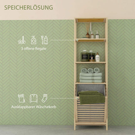 Bamboo bathroom shelf with 3 levels and fabric basket
