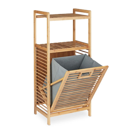 Bamboo bathroom shelf with laundry basket