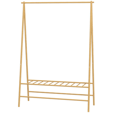 Bamboo clothes hanger with shelves and hooks, natural wood