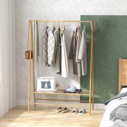 Bamboo clothes hanger with shelves and hooks, natural wood