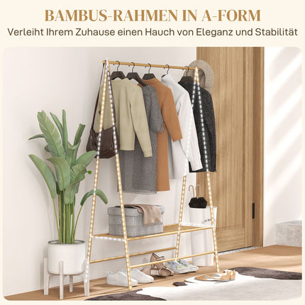 Bamboo clothes hanger with shelves and hooks, natural wood