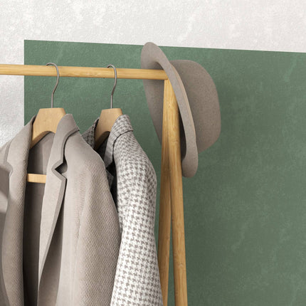 Bamboo clothes hanger with shelves and hooks, natural wood
