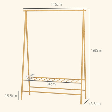 Bamboo clothes hanger with shelves and hooks, natural wood