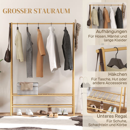 Bamboo clothes hanger with shelves and hooks, natural wood