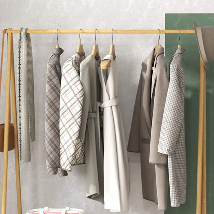 Bamboo clothes hanger with shelves and hooks, natural wood