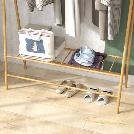 Bamboo clothes hanger with shelves and hooks, natural wood