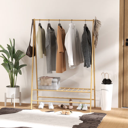 Bamboo clothes hanger with shelves and hooks, natural wood