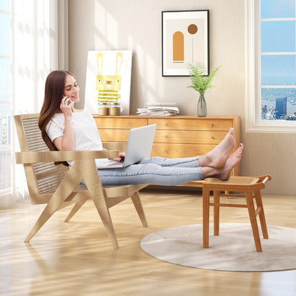 Bamboo cosmetic stool with rattan surface & non-slip foot pads, stable stool with reinforcement bar