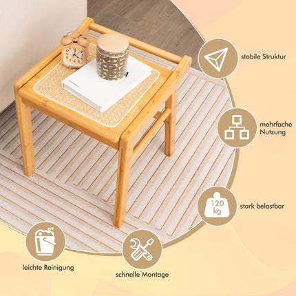 Bamboo cosmetic stool with rattan surface & non-slip foot pads, stable stool with reinforcement bar