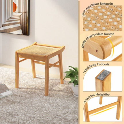 Bamboo cosmetic stool with rattan surface & non-slip foot pads, stable stool with reinforcement bar