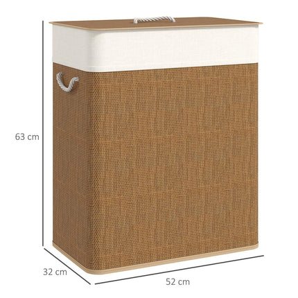 Bamboo laundry basket with lid, 2 compartments, 100 L laundry collector with rope handles, removable laundry bag