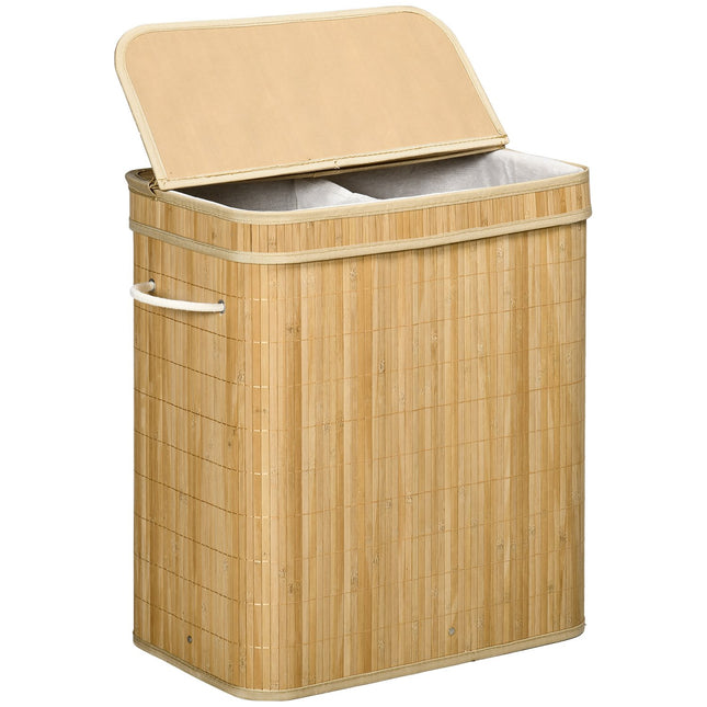 Bambusowy kosz na bieliznę z pokrywą i uchwytami, pojemność 90 litrów, z 2 sekcjami i wyjmowaną torbą z tkaniny - 54,2 x 35,2 x 59,5 cm