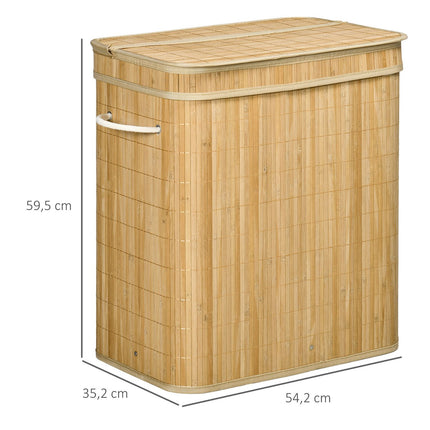 Bamboo laundry basket with lid and 2 compartments, 90L