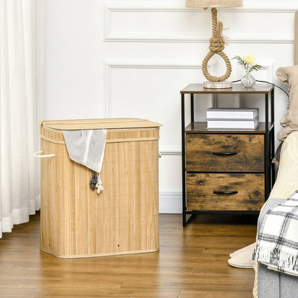 Bamboo laundry basket with lid and 2 compartments, 90L