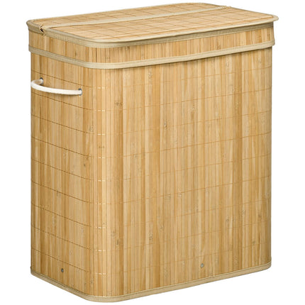 Bamboo laundry basket with lid and 2 compartments, 90L
