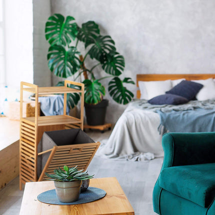 Bamboo laundry hamper with shelf