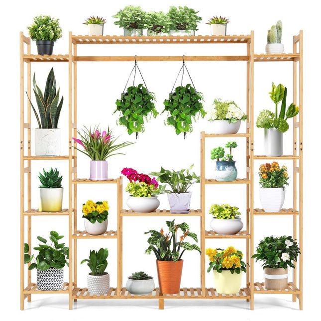 Bamboo plant shelf with 9 levels & hanging frame, standing shelf, room divider, flower shelf, 167 x 30 x 166 cm