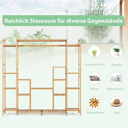 Bamboo plant shelf with 9 levels & hanging frame, standing shelf, room divider, flower shelf, 167 x 30 x 166 cm