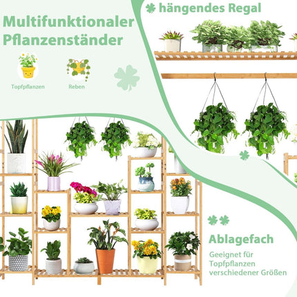 Bamboo plant shelf with 9 levels & hanging frame, standing shelf, room divider, flower shelf, 167 x 30 x 166 cm