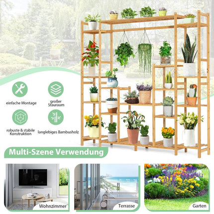 Bamboo plant shelf with 9 levels & hanging frame, standing shelf, room divider, flower shelf, 167 x 30 x 166 cm