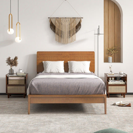 Bamboo & rattan bedside table with drawer and solid wood legs. Side table with hidden storage space. Brown