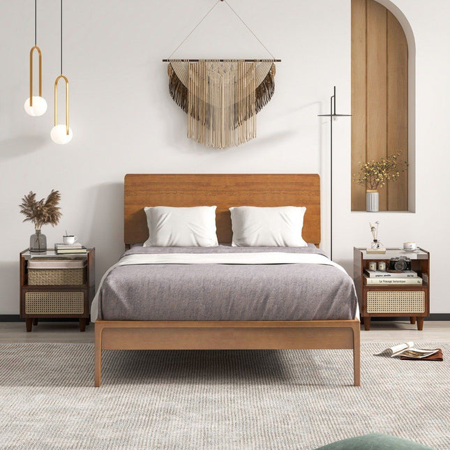Bamboo & rattan bedside table with drawer and solid wood legs. Side table with hidden storage space. Brown
