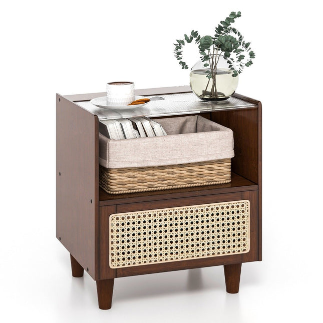 Bamboo & rattan bedside table with drawer and solid wood legs. Side table with hidden storage space. Brown