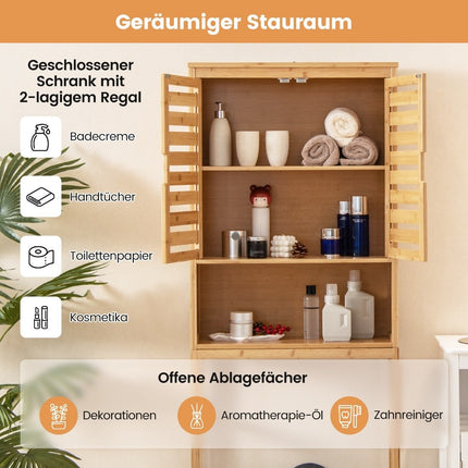 Bamboo toilet cabinet with 2 slatted doors & open shelf & adjustable crossbar