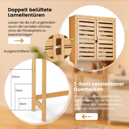 Bamboo toilet cabinet with 2 slatted doors & open shelf & adjustable crossbar