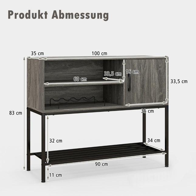 Bar Cabinet with Wine Racks and Shelves Wooden Console Table with Metal Frame for Dining Room 100 x 35 x 83 cm Gray