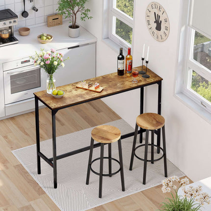 Bar Height Pub Table, Metal Frame, Rustic Brown, 55x15x39 in