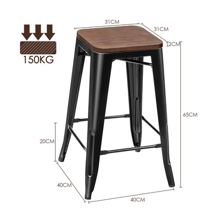 Bar Stool Set of 4, Elm Wood Seat, Iron Legs, 66 cm