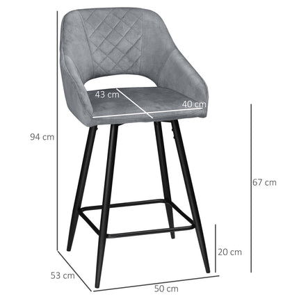 Velvet bar stools Set of 2, steel grey, with footrest