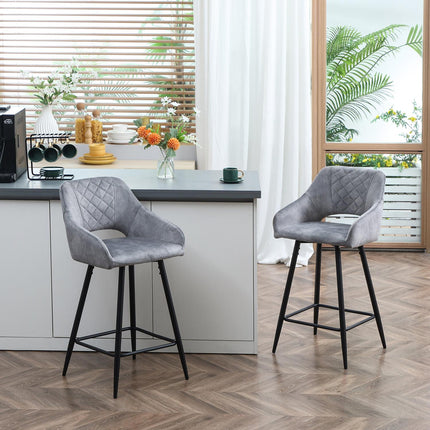 Velvet bar stools Set of 2, steel grey, with footrest