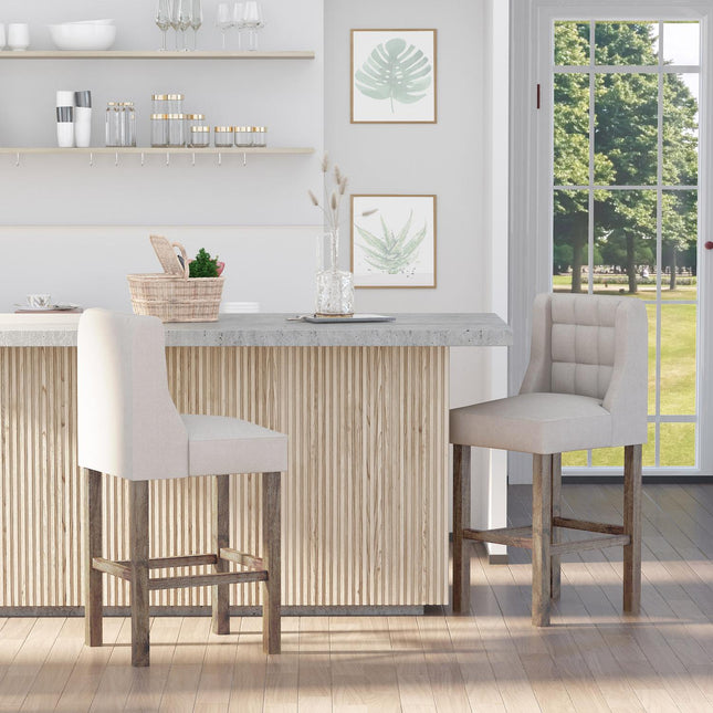 Modern beige bar stools set, low back, linen, 2 pcs