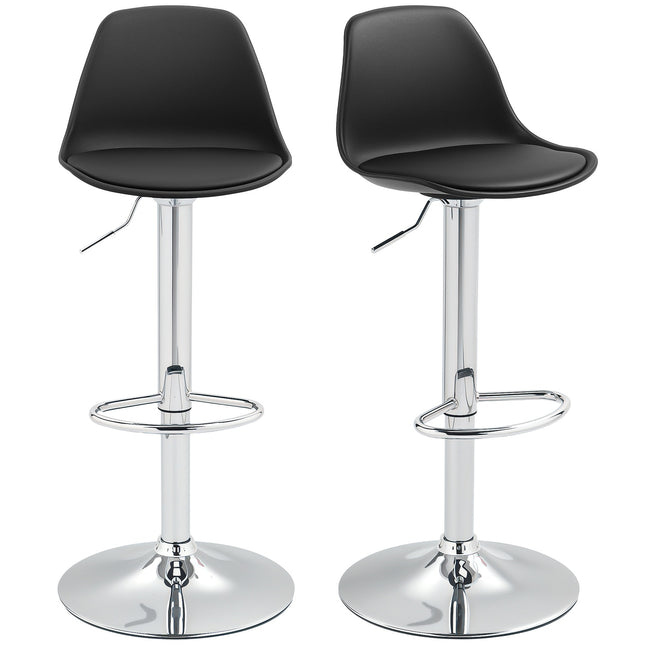 Barkrukken set van 2, gevoerde barstoelen met stalen frame, rugleuning, in hoogte verstelbare keukenstoelen met voetsteun, 360° draaibare tegenkruk voor keuken, woonkamer, eetkamer, kunstleer zwart Aosoom