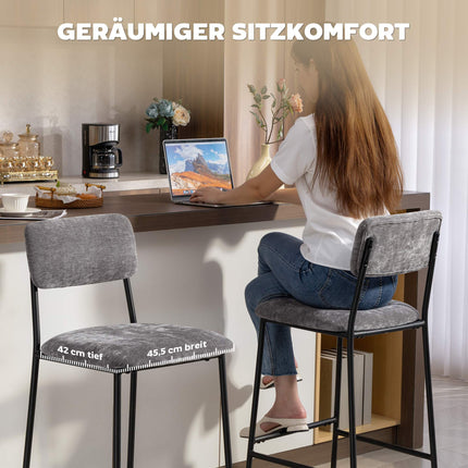 Bar Stools Set of 2, Padded, High Back, Grey Fabric, Steel