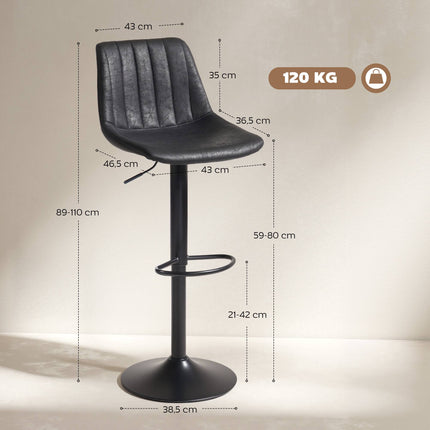 Bar Stools, Set of 2, Retro, Adjustable Height, Black