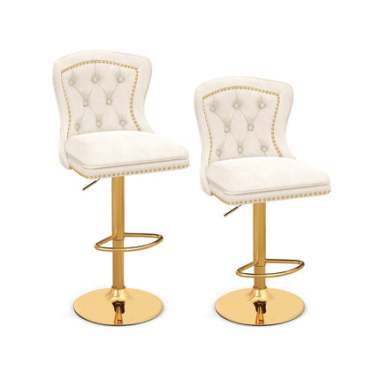 Bar Stools Set of 2, Swivel, Adjustable Height, Beige Velvet