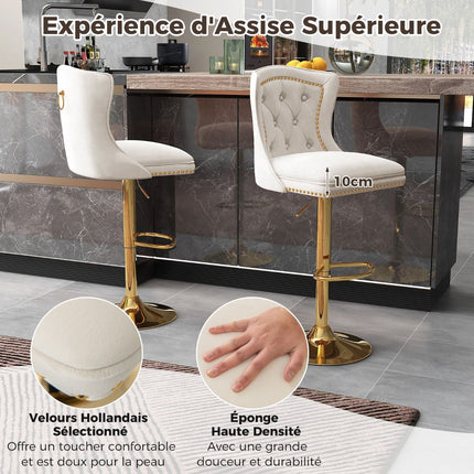 Bar Stools Set of 2, Swivel, Adjustable Height, Beige Velvet
