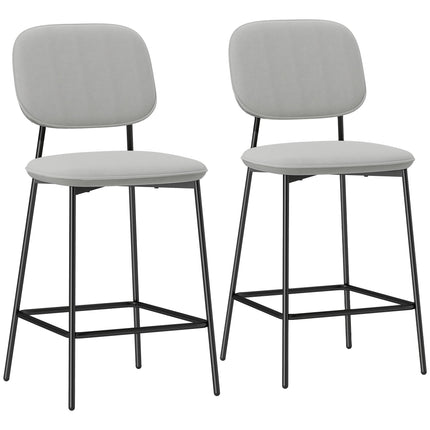 Bar Stools Set of 2, Velvet Upholstery, Steel Legs, Light Grey