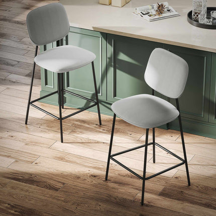 Bar Stools Set of 2, Velvet Upholstery, Steel Legs, Light Grey