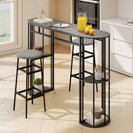 Bar Table 150cm Faux Marble, Black Metal Frame, Storage Shelves