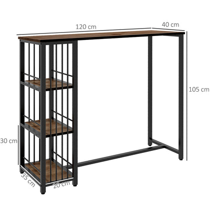 Bar table - wooden look, 3 shelves, steel frame, 120x40x105 cm