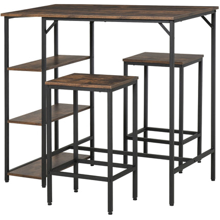 3-piece rustic bar table set with shelves, steel frame