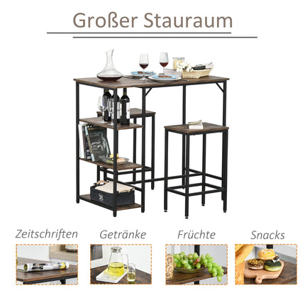3-piece rustic bar table set with shelves, steel frame