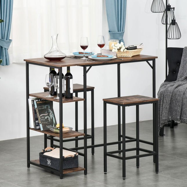 3-piece rustic bar table set with shelves, steel frame
