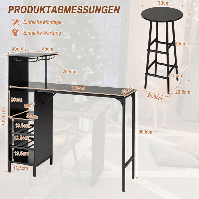 Bar Table Set with 2 Stools, Black, Wine Storage